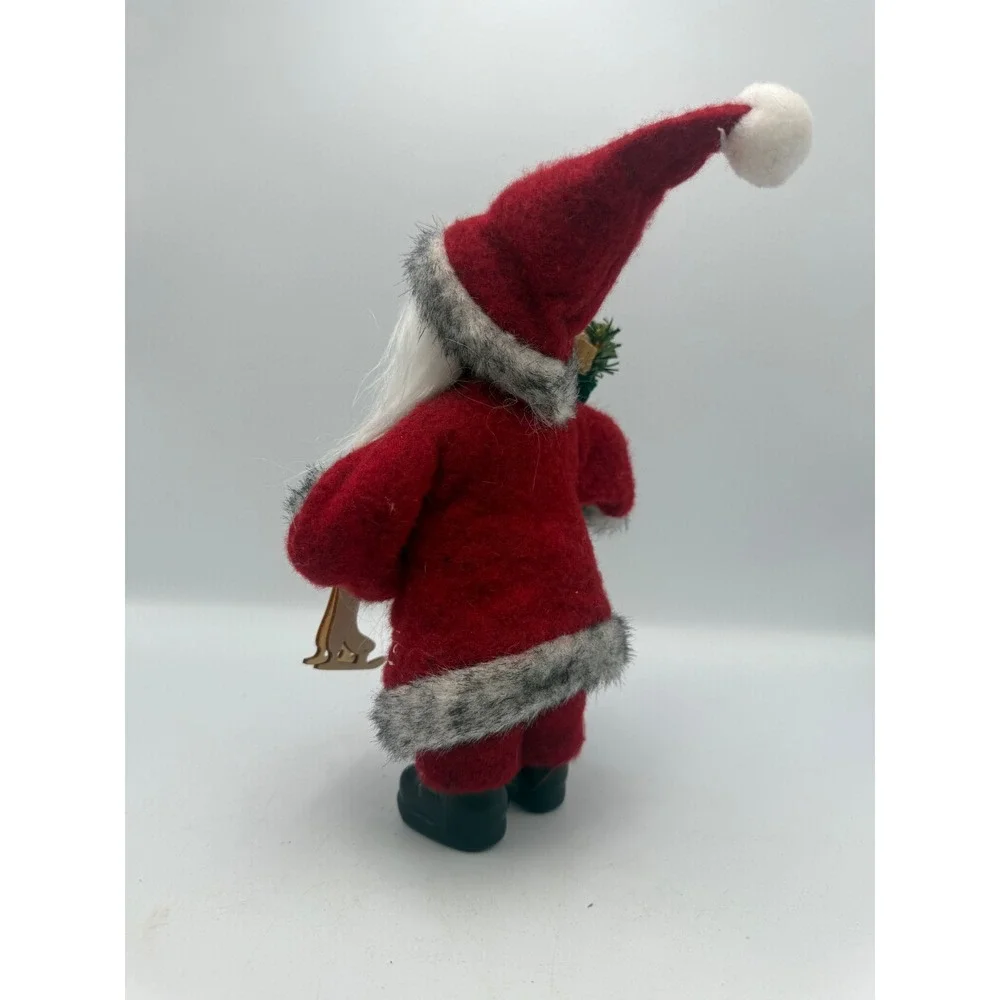 Santa Claus Figurine Red Felt Suit with Ice Skates and Green Toy Bag 8 Inch